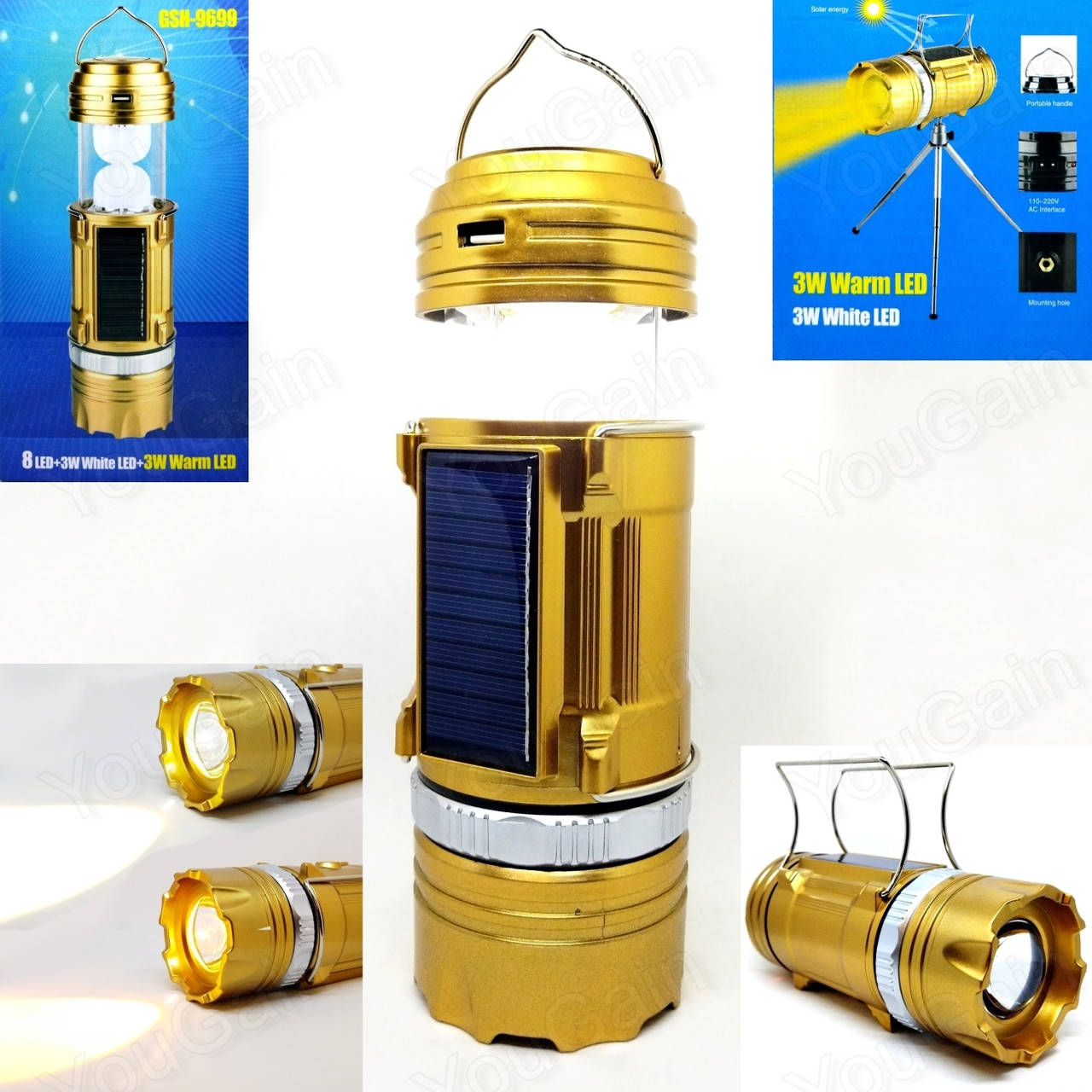 

Кемпинговый светильник SB-9699 с аккумулятором, солнечной панелью, PowerBank, оттенки свечения, Золотистый