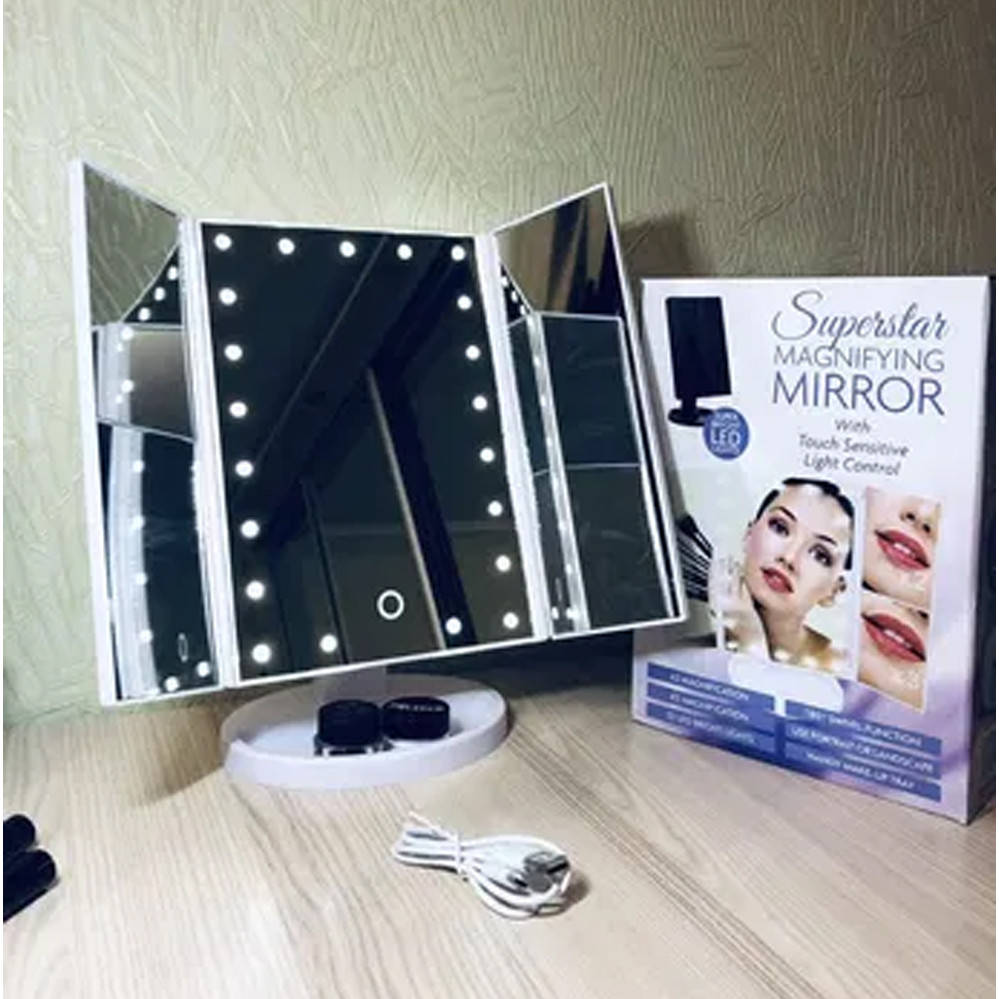 

Косметическое зеркало настольное тройное с Led подстветкой для макияжа 22 светодиода Folding mirror