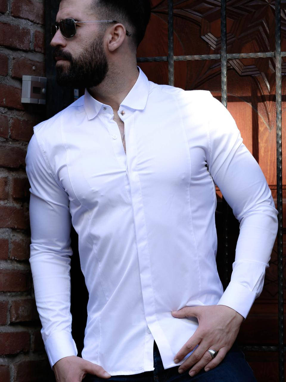 

Мужская Белая приталенная рубашка S, M, L, XL, XXL, Белый