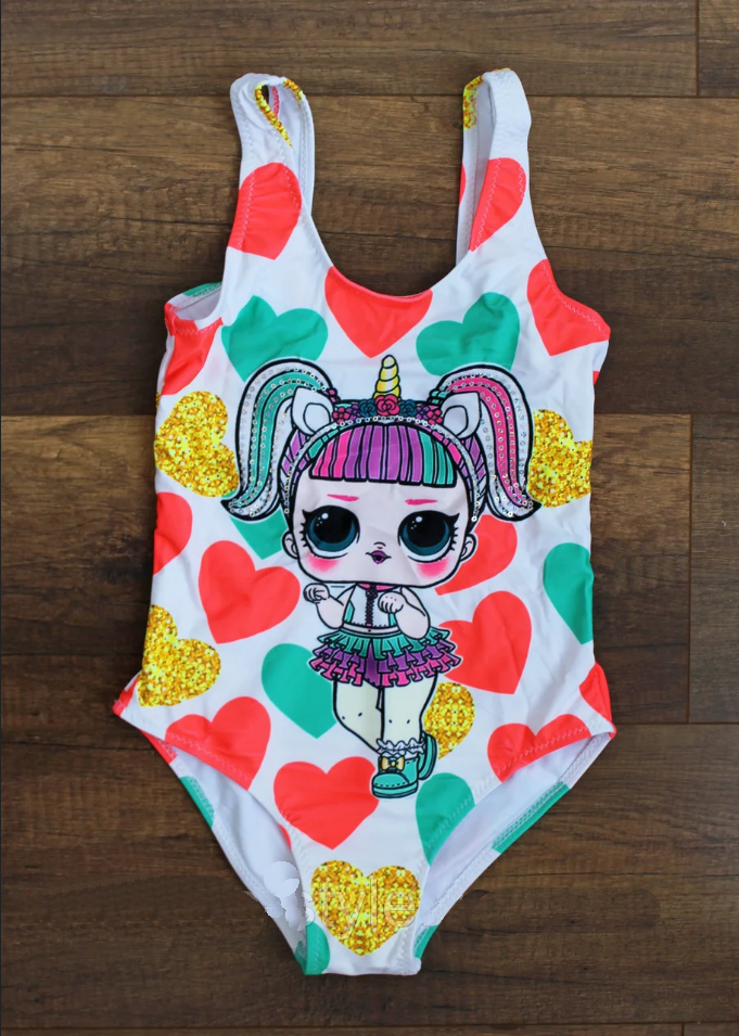

Детский цельный красивый купальник в сердечки с куклой LOL р.28-36