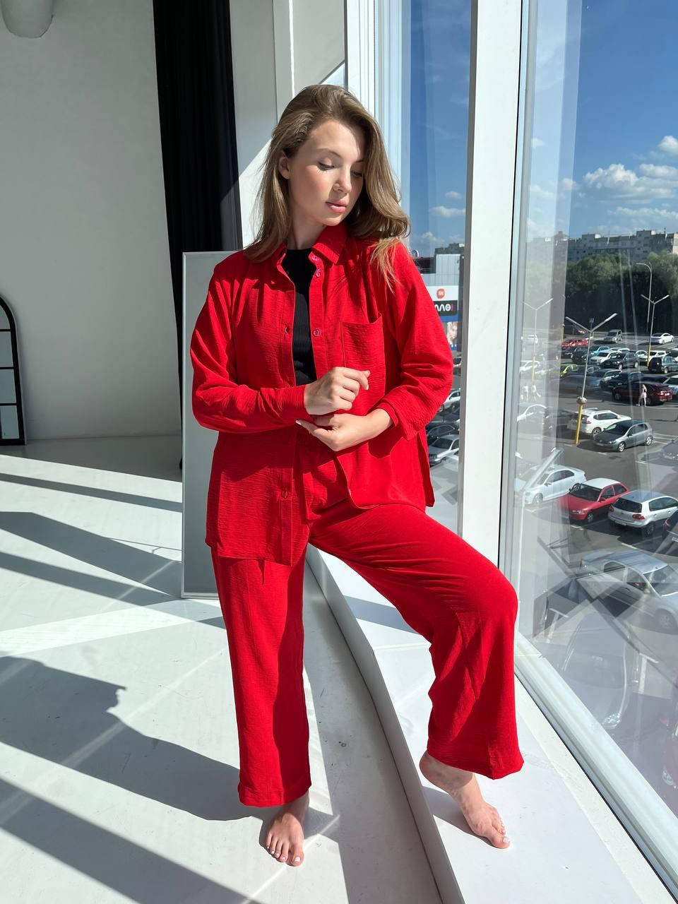 

Костюм жатка рубашка и штаны , повседневный костюм L-XL цвет Красный L-XL