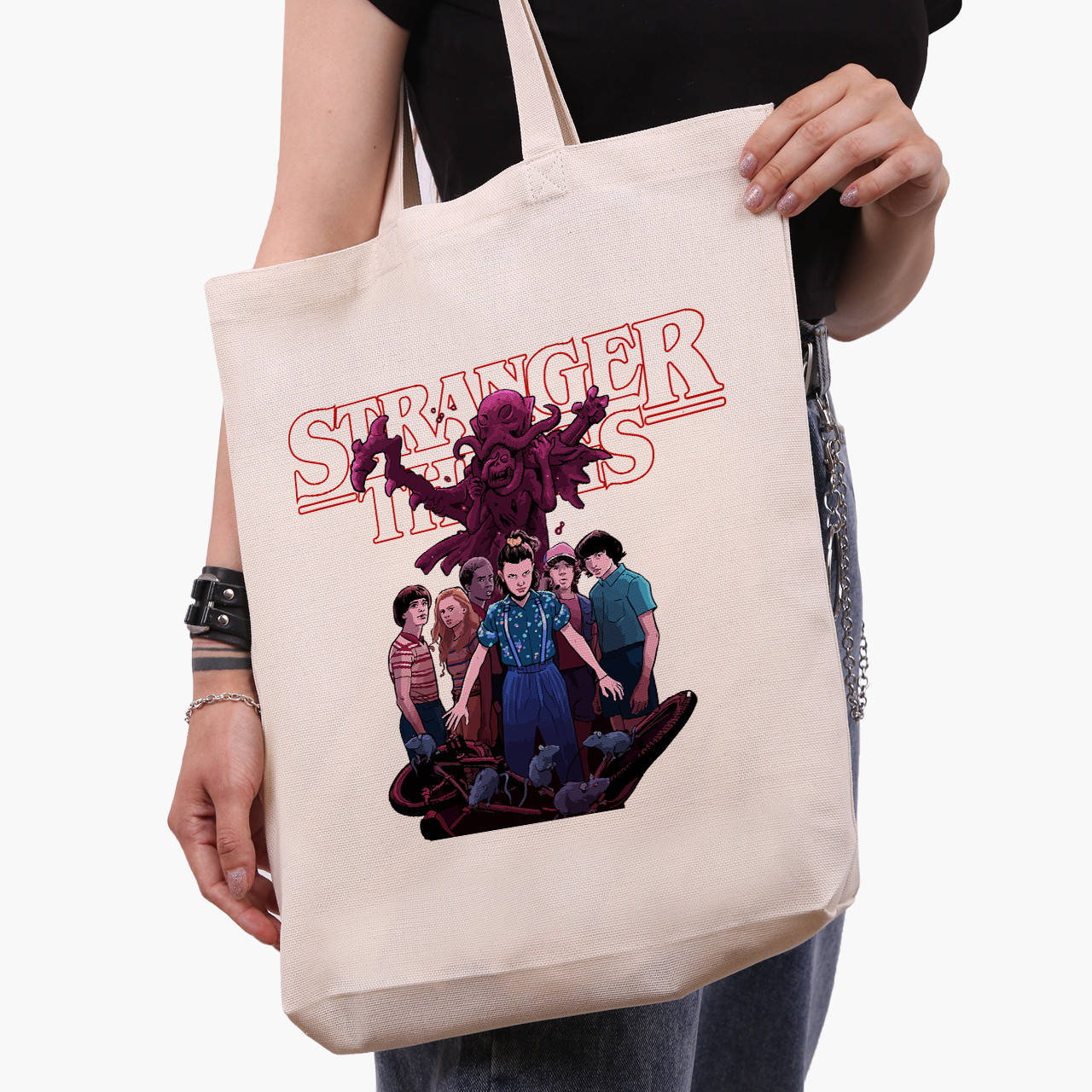 

Эко сумка Очень странные дела (Stranger Things) (9227-3571-WTD) бежевая з широким дном, Бежевый