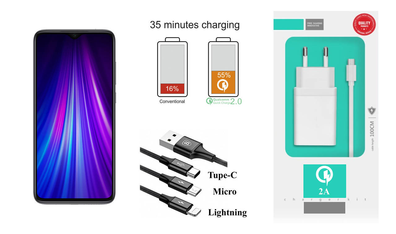 

Сетевое зарядное устройство Xiaomi Redmi Note 8 Pro, Fast Charger 2.1A, Белый