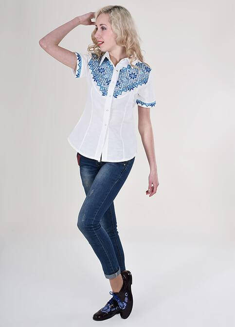 

Женская льняная рубашка - вышиванка Галичанка, короткий рукав, ткань лен, р. 42,44,46,48,52 белая, Белый