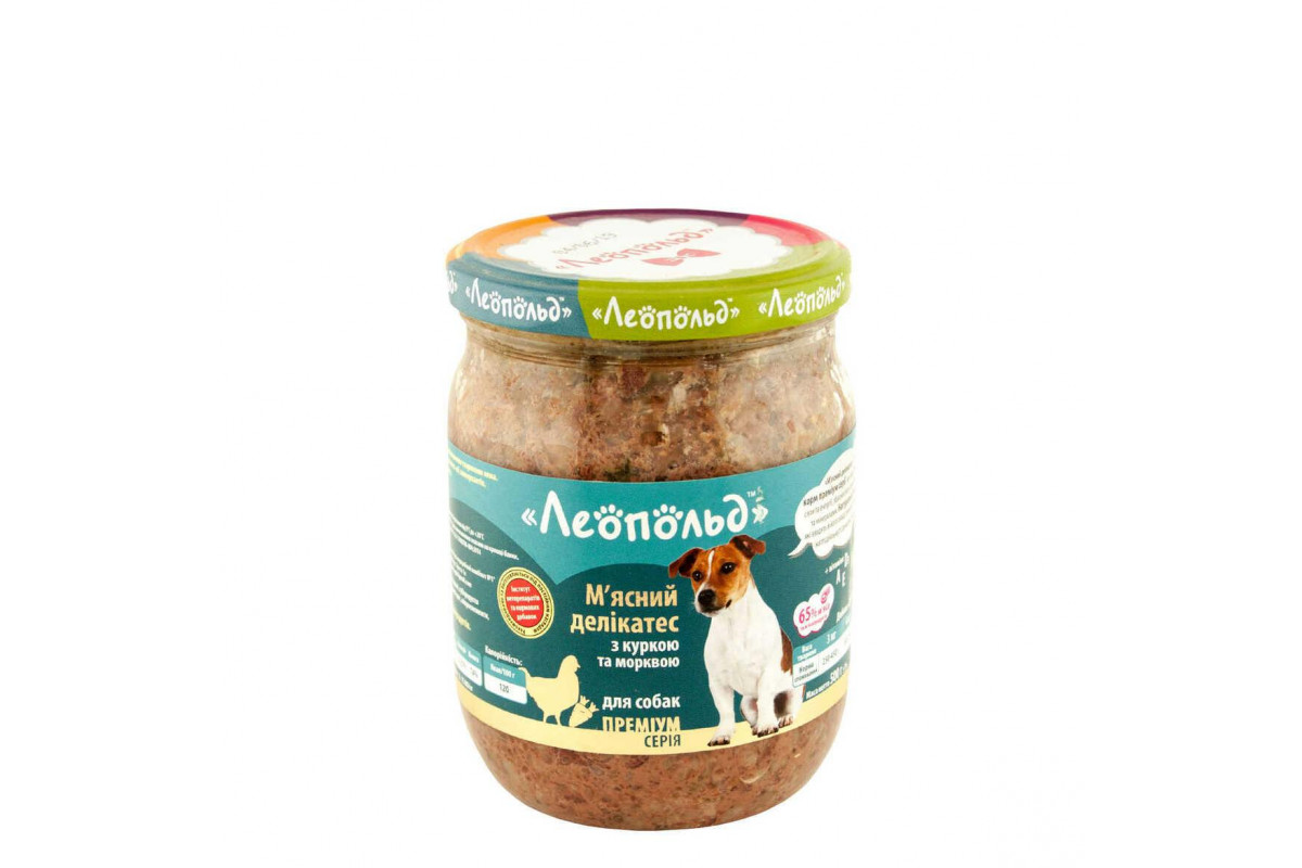 

Консервы Леопольд Мясные деликатесы с курицей и морковью 500г для собак