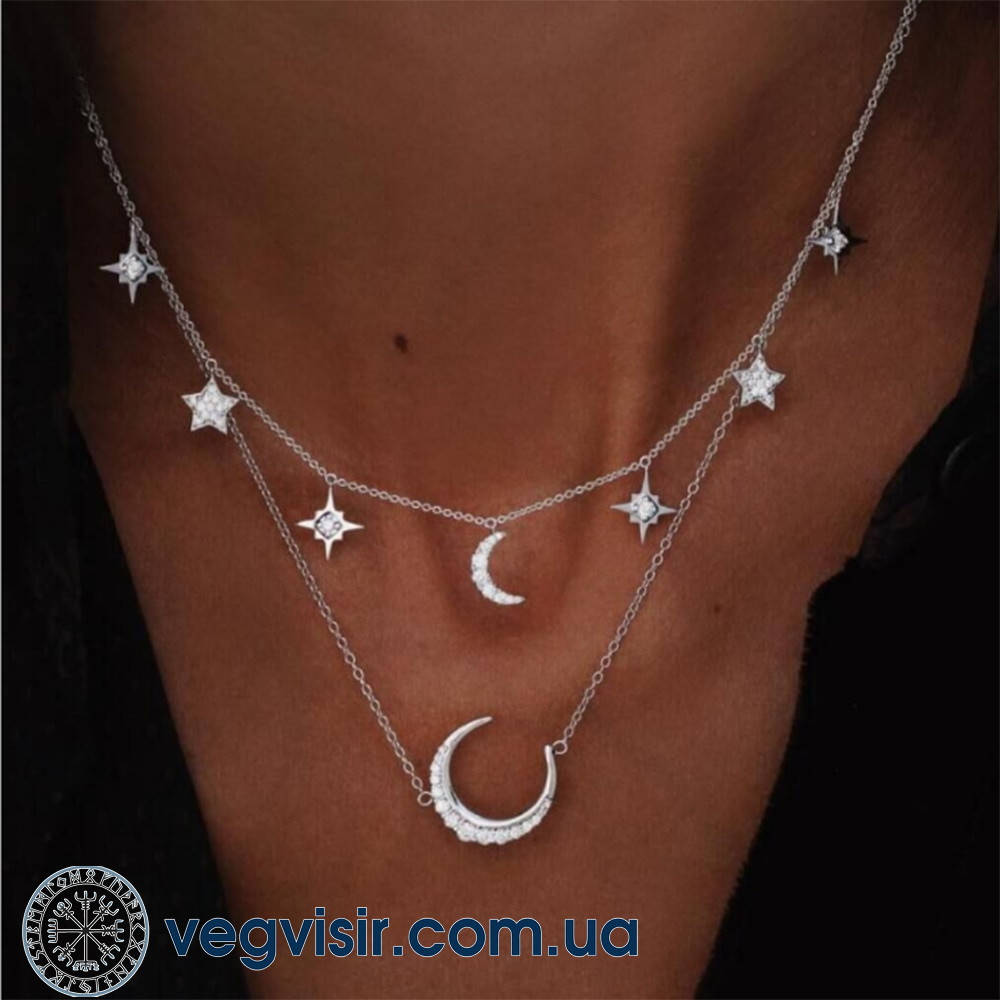 

Подвеска Луна и звездочки с кристаллами многослойная звезда месяц цепочка кулон кольэ колье