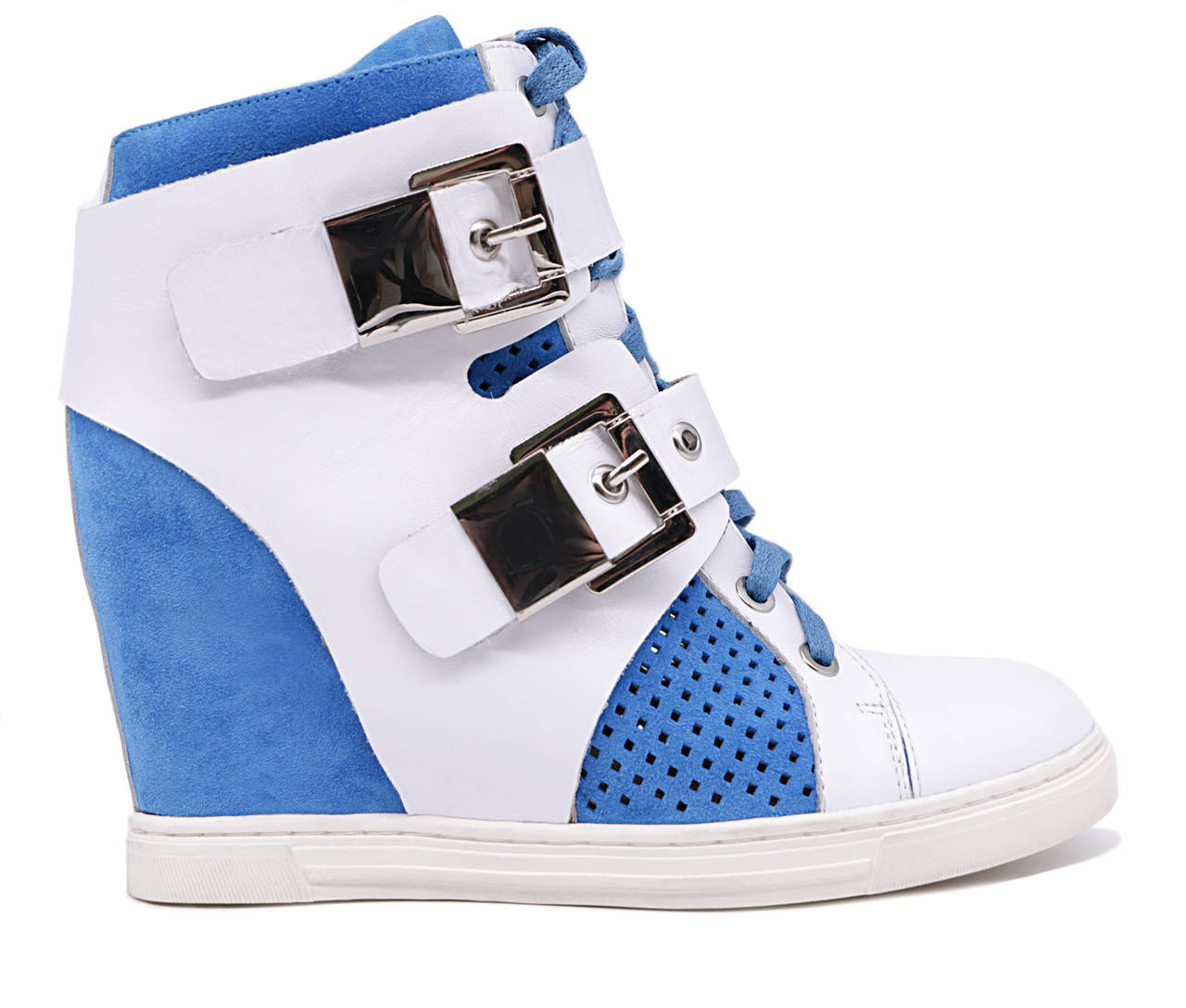 

Женские натуральные кожаные / замшевые летние перфорированные голубо белые ботинки на танкетке сникерсы, Голубой