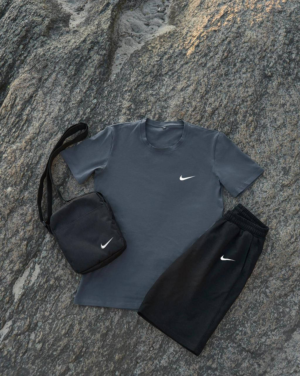 

Летний спортивный костюм футболка темно-серая Nike + шорты + барсетка 3 в 1 набор мужской M, Темно-серый