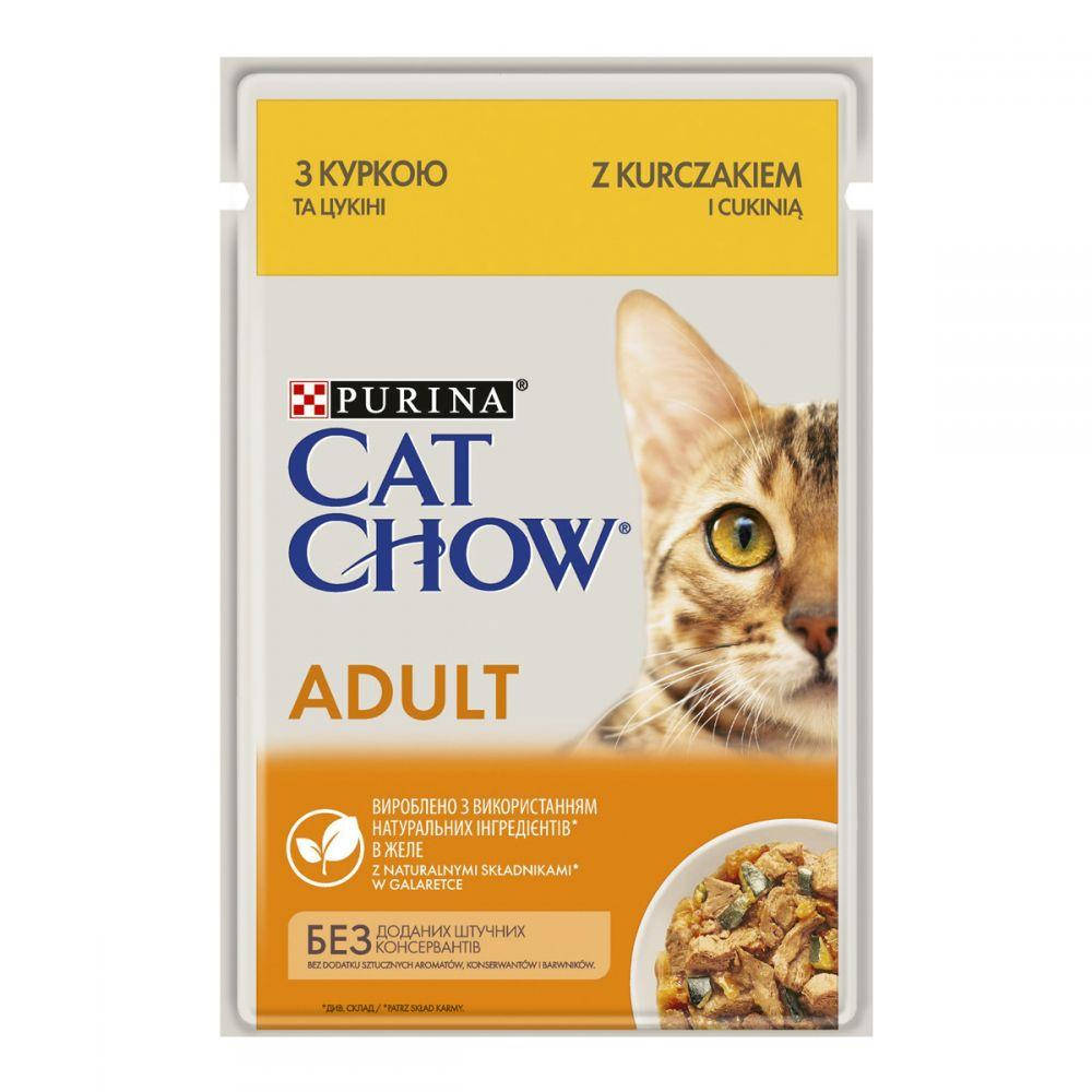 

Cat Chow Нежные кусочки с курицей и цукини в желе для кошек, 85 г