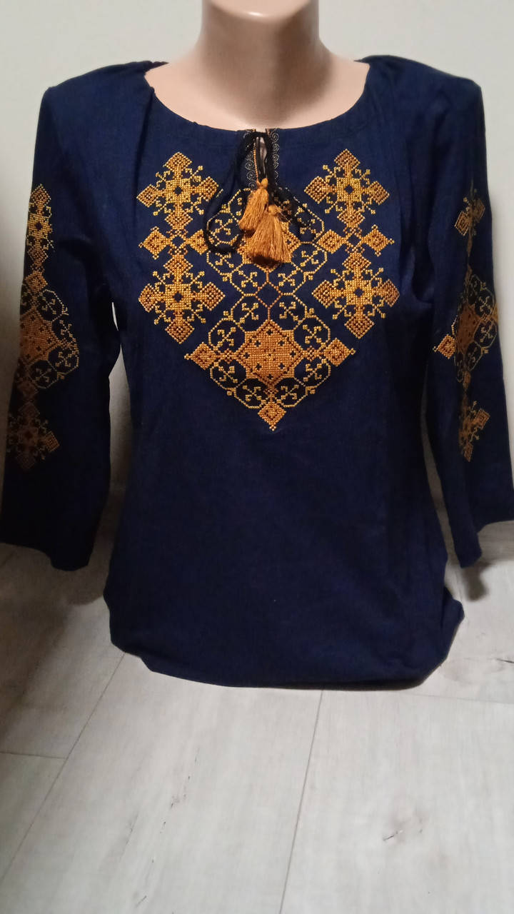 

Вышиванка блузка рукав три четверти золото крест 44, 46, 48, 50 размер, Темно-синий