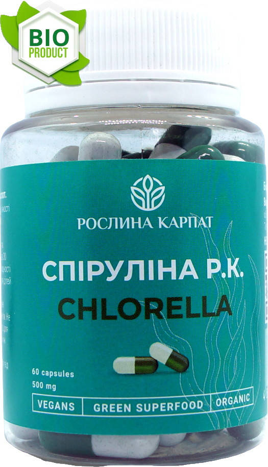 

Спіруліна Р.К. Chlorella 60 кап. «Рослина Карпат» комплекс незамінних амінокислот, вітамінів та мінералів