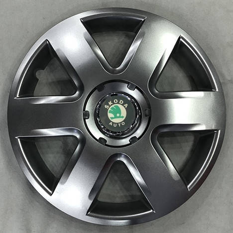 

Колпаки Skoda R15 зеленая эмблема, серебро - (SJS ke2410) - комплект (4 шт.)