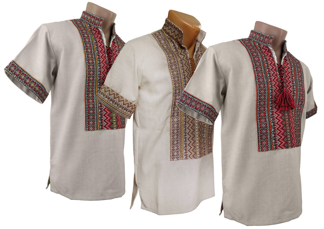 

Модная мужская вышиванка цвета льна с коротким рукавом с геометрическим орнаментом