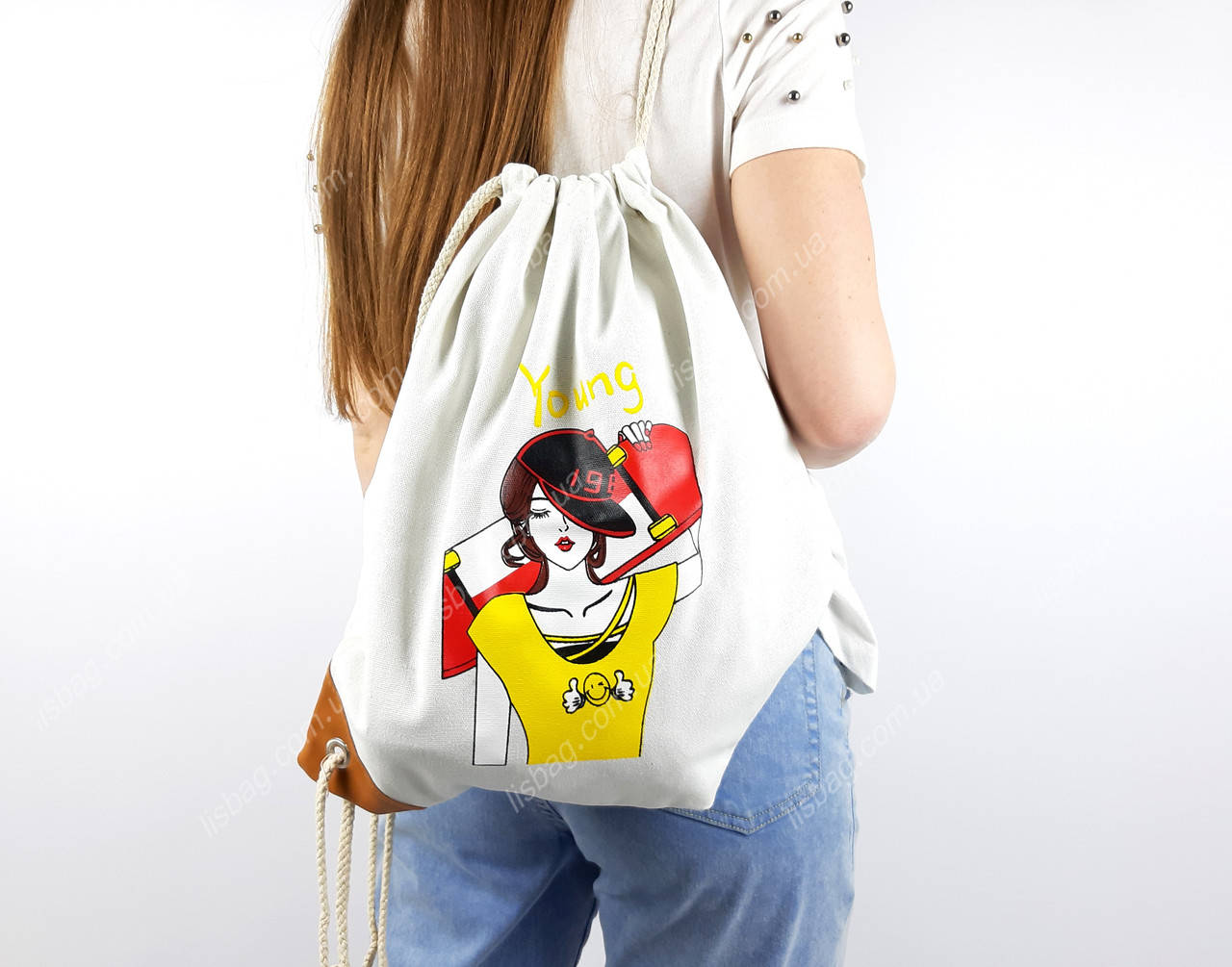 

Рюкзак-Мешок на завязках плотная ткань Young "Молодой" Белый