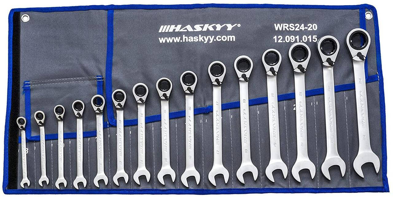 

Набор гаечных ключей с трещоткой 8–24 мм с углом 15° HASKYY® (15 предметов)