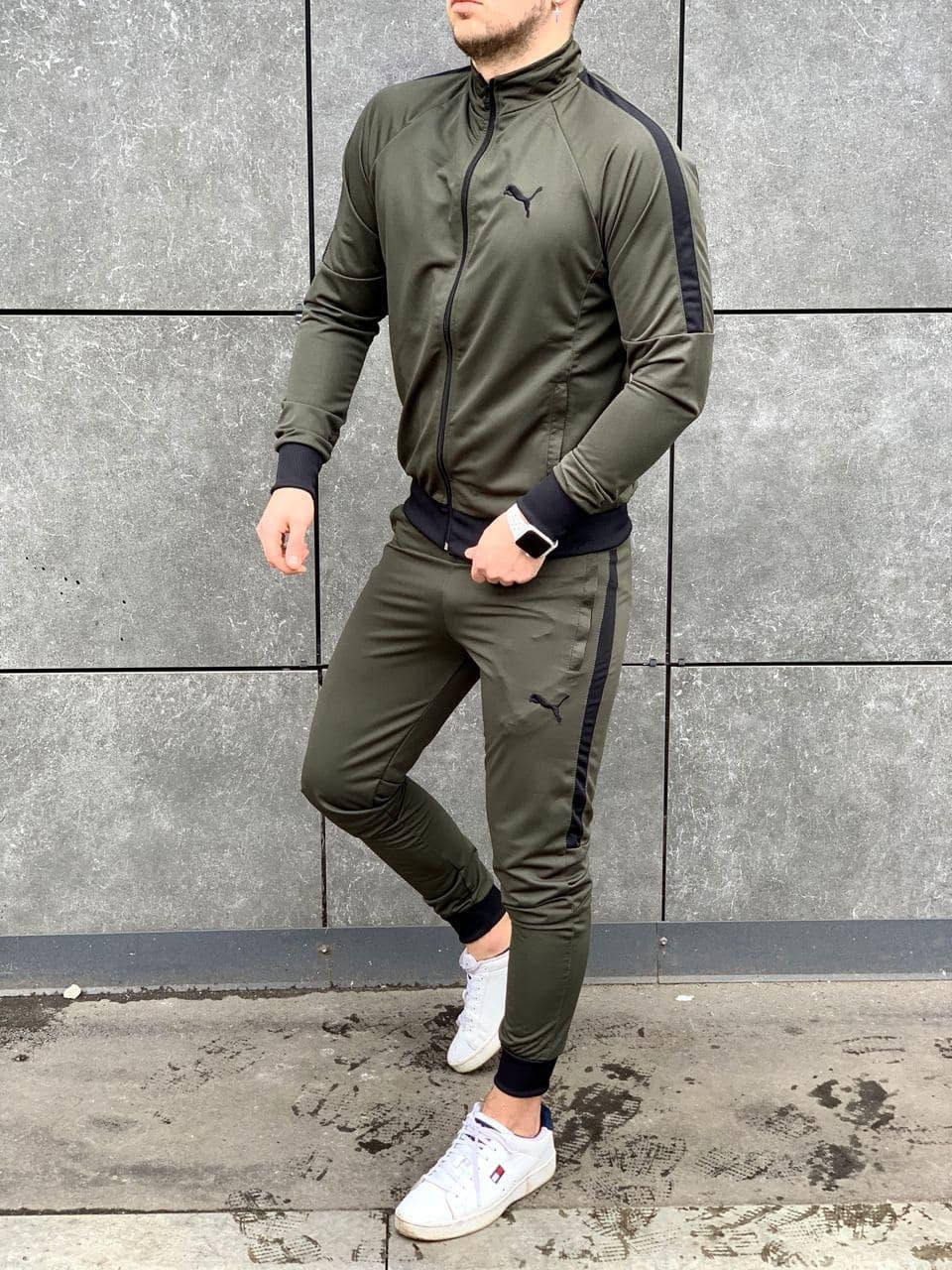 

Мужской спортивный костюм Puma (Пума) без капюшона хаки с полосой Люкс XXL