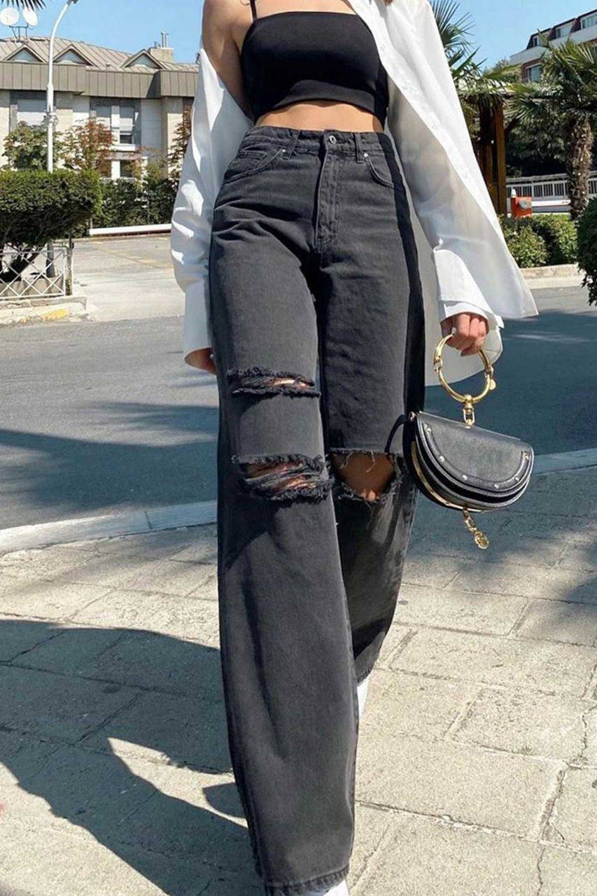 

Джинсы женские расклешенные с разрезами Оригинал (чёрные )