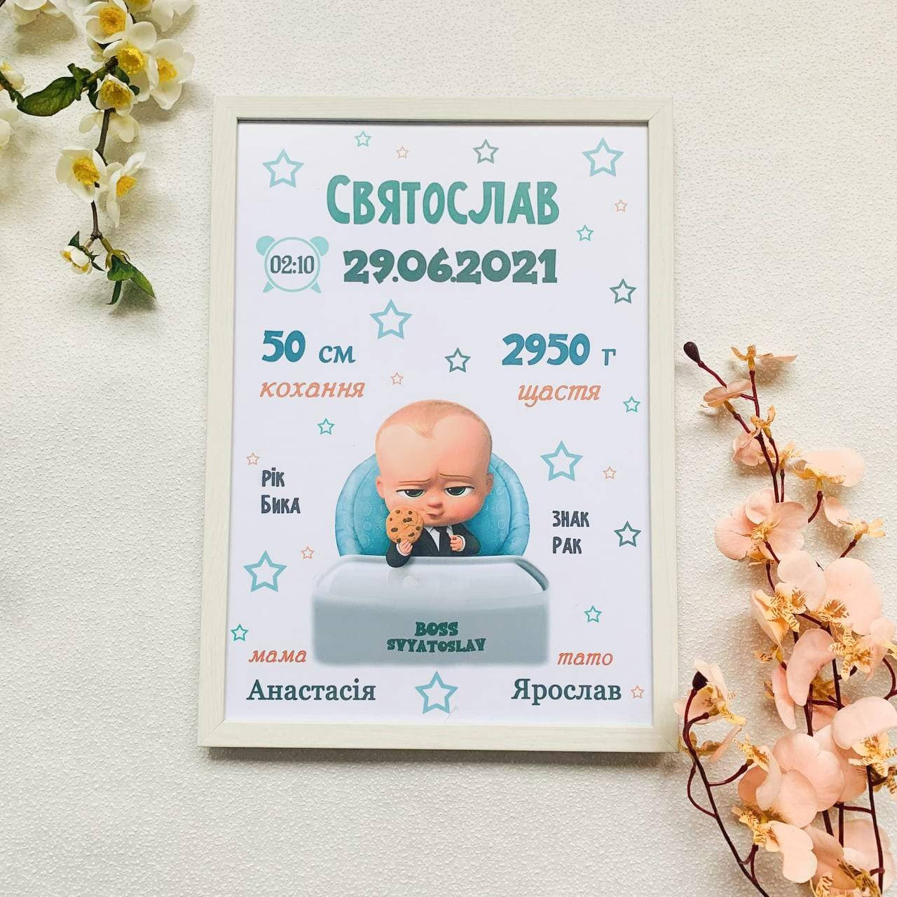 

Дитяча метрика А4 надрукована на щільному папері в рамці