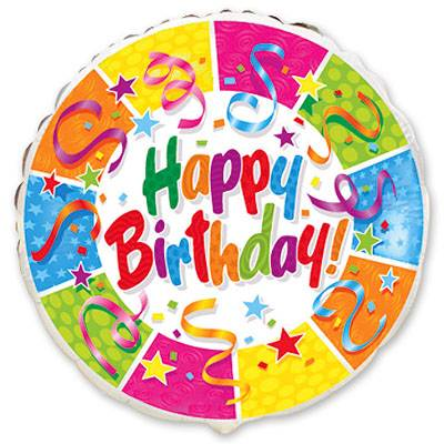 

Фольгированный шарик Flexmetal 18" Круг Happy birthday серпантин и звезды, Разные цвета