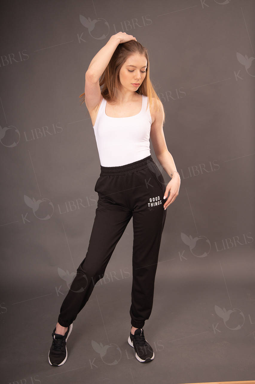 

Джоггеры штаны спортивные женские черная двунитка с манжетом на резинке 46, Черный