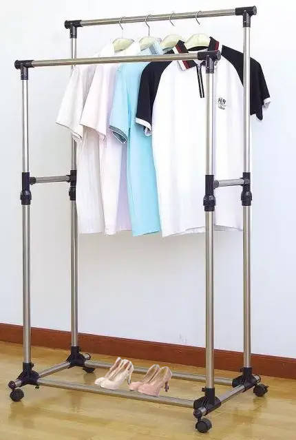 

Двойная передвижная Вешалка Double Pole напольная двойная стойка для одежды полка, мобильная стойка для вещей