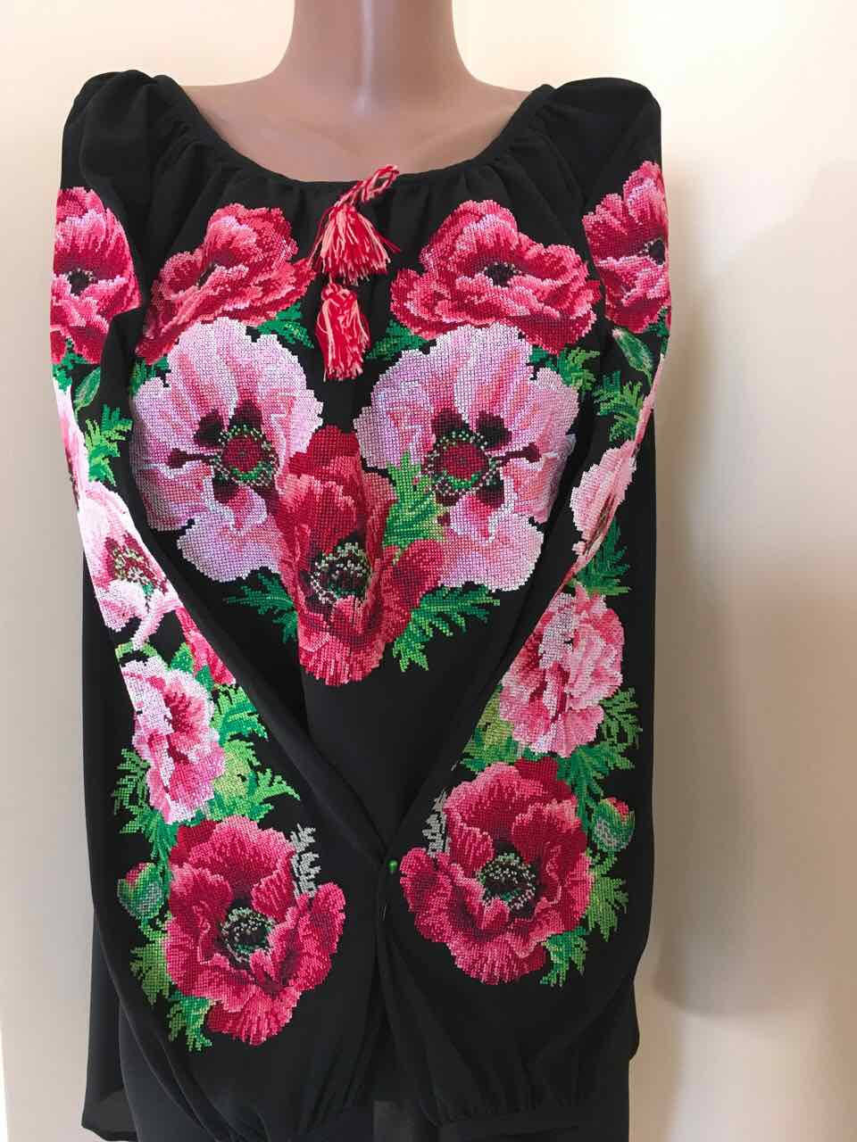 

Вишита блуза з шифону "Маковий цвіт", Черный