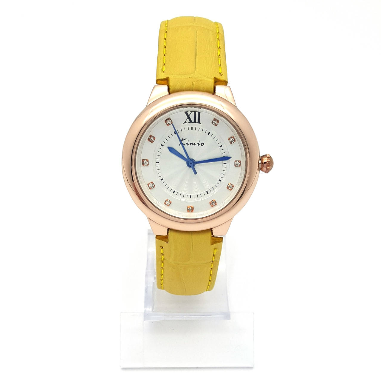 

Часы KIMIO на желтом ремешке, циферблат со стразами, длина ремешка 17-23см, циферблат 34мм