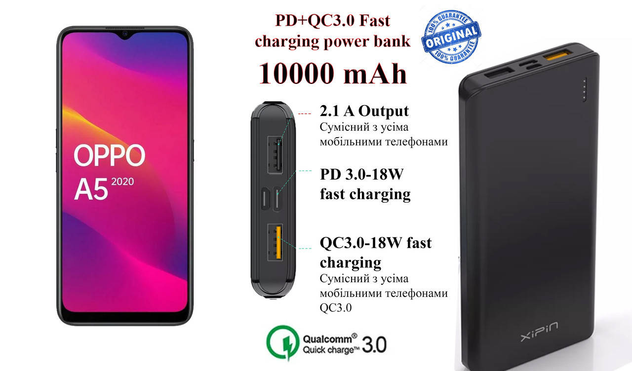 

Батарея мобильная для Oppo A5 2020 Xipin 10000mAh Quick Charger 18W 3.0A