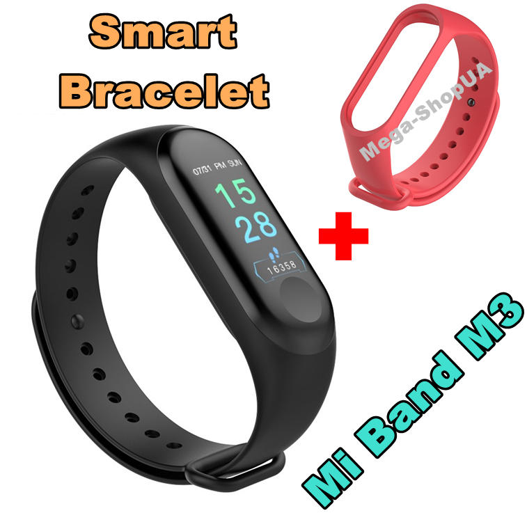 

Фитнес браслет трекер Mi Band M3 клипса зарядка, женские мужские умные смарт часы Красные. Розумний годинник
