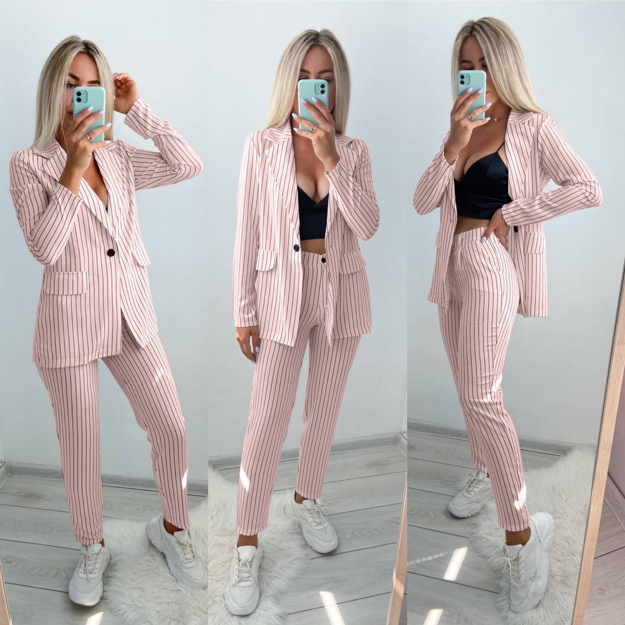 

Женский деловой костюм в полоску (брюки и пиджак) S, M, L, XL размеры в расцветках Пудра, XL