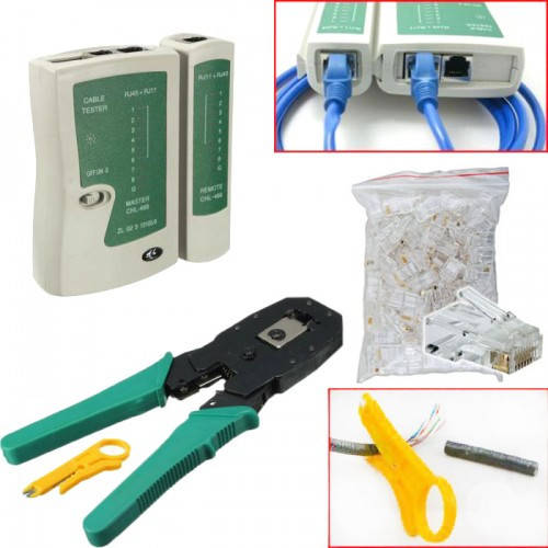 

Набор сетевика Обжимка, тестер, 100 rj45 коннектор, стриппер, 101845