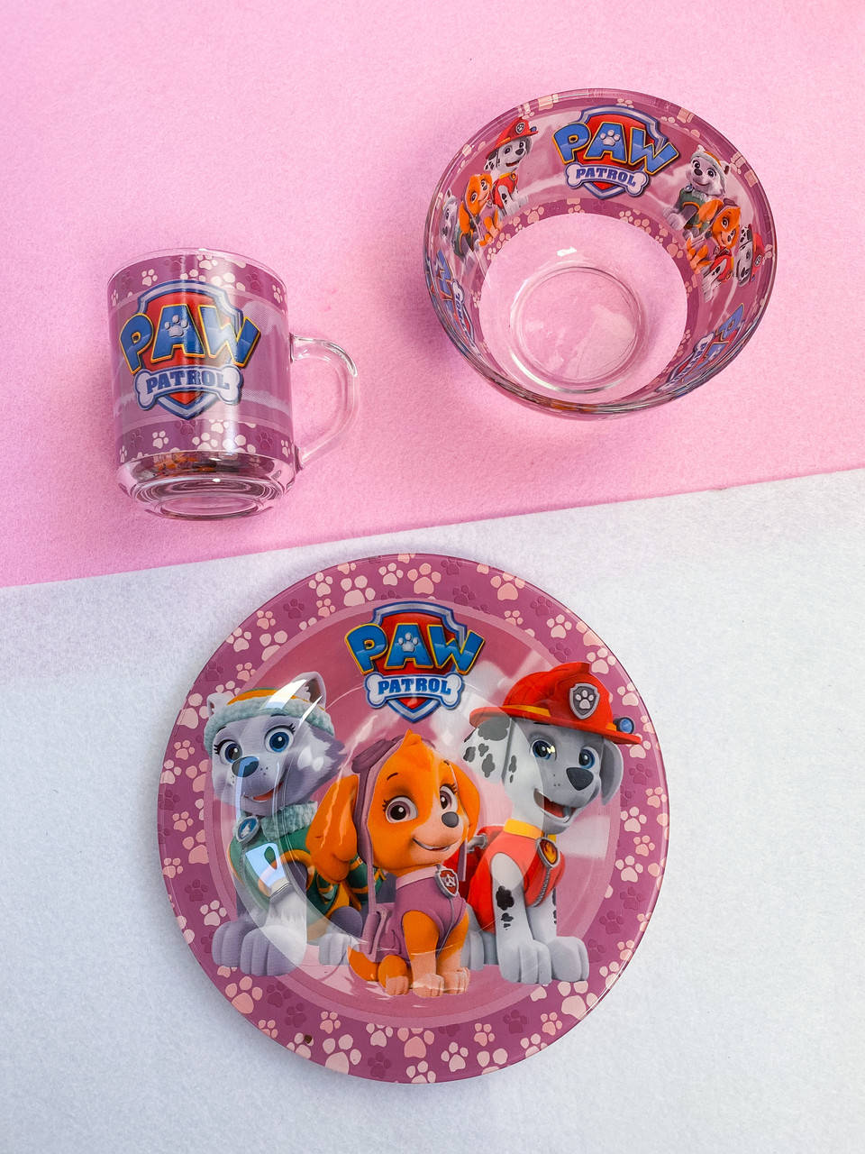 

Набор стеклянной детской посуды из трёх предметов "Щенячий патруль", Розовый