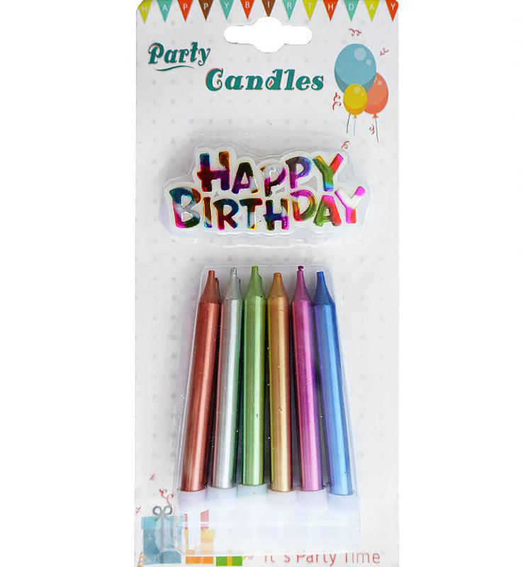 

Свечи для торта хром 12 шт, Happy Birthday, Разные цвета