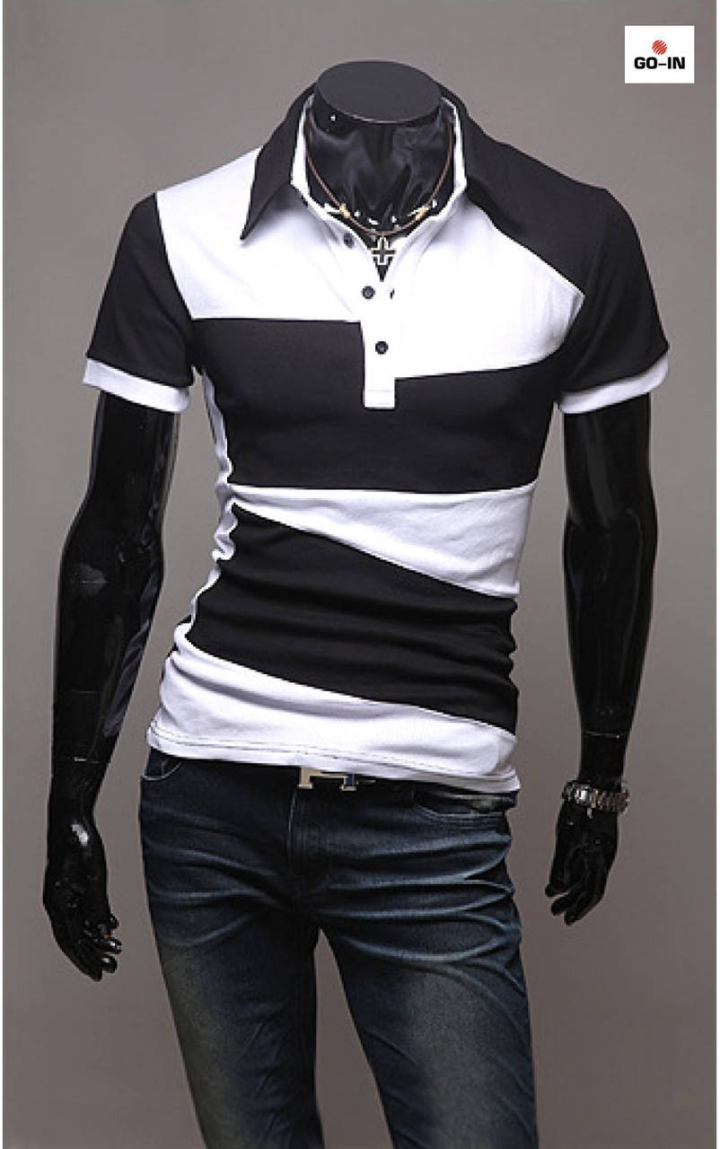 

Молодежная футболка поло мужская летняя черно-белая трикотажная