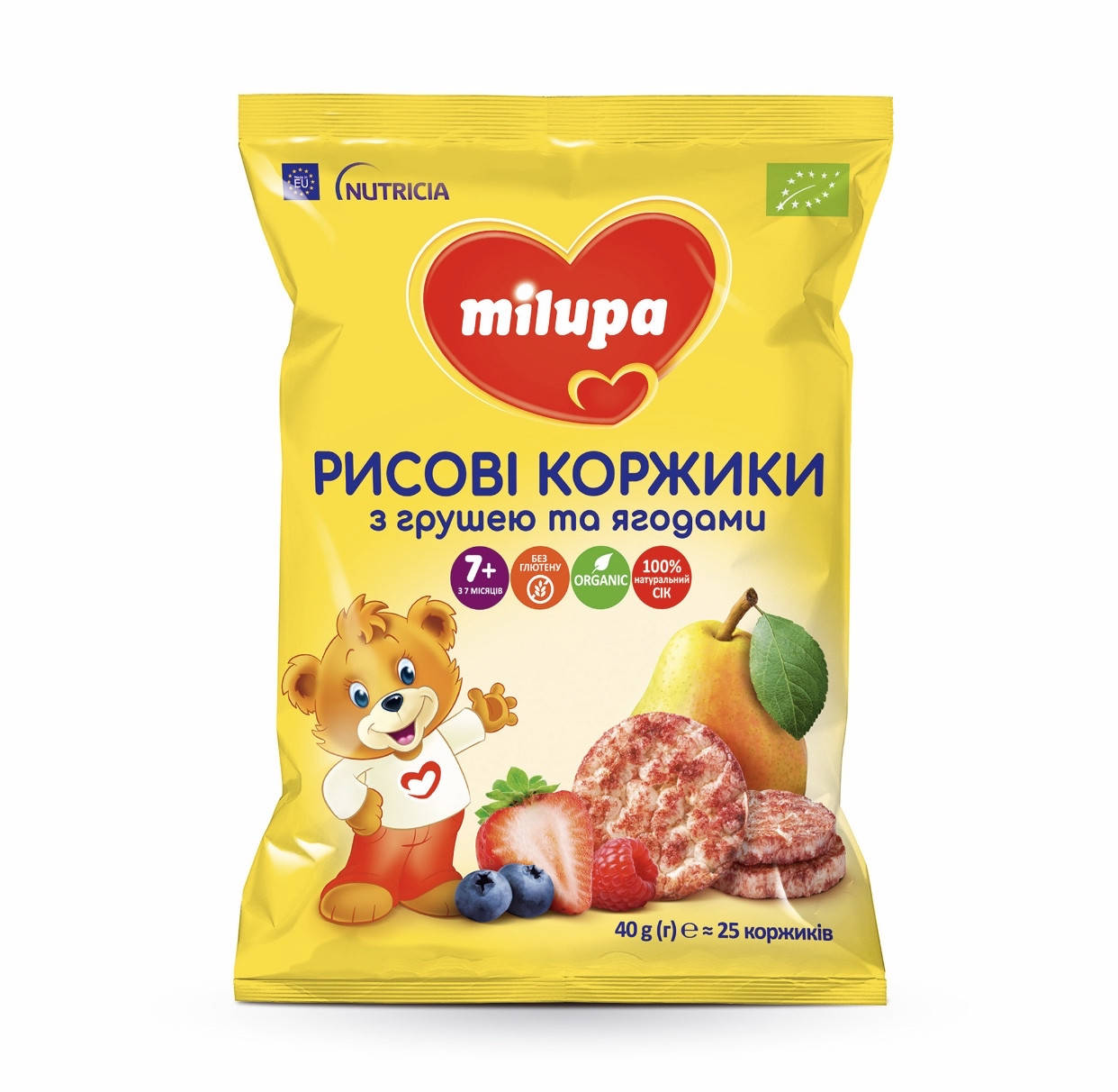 

Рисові коржики Milupa з грушею та ягодами для харчування дітей від 7-ми місяців 40г