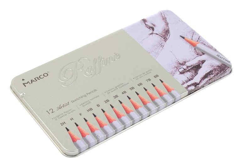 

Набор графитовых карандашей Marco 12 штук 2H-8B метал пенал