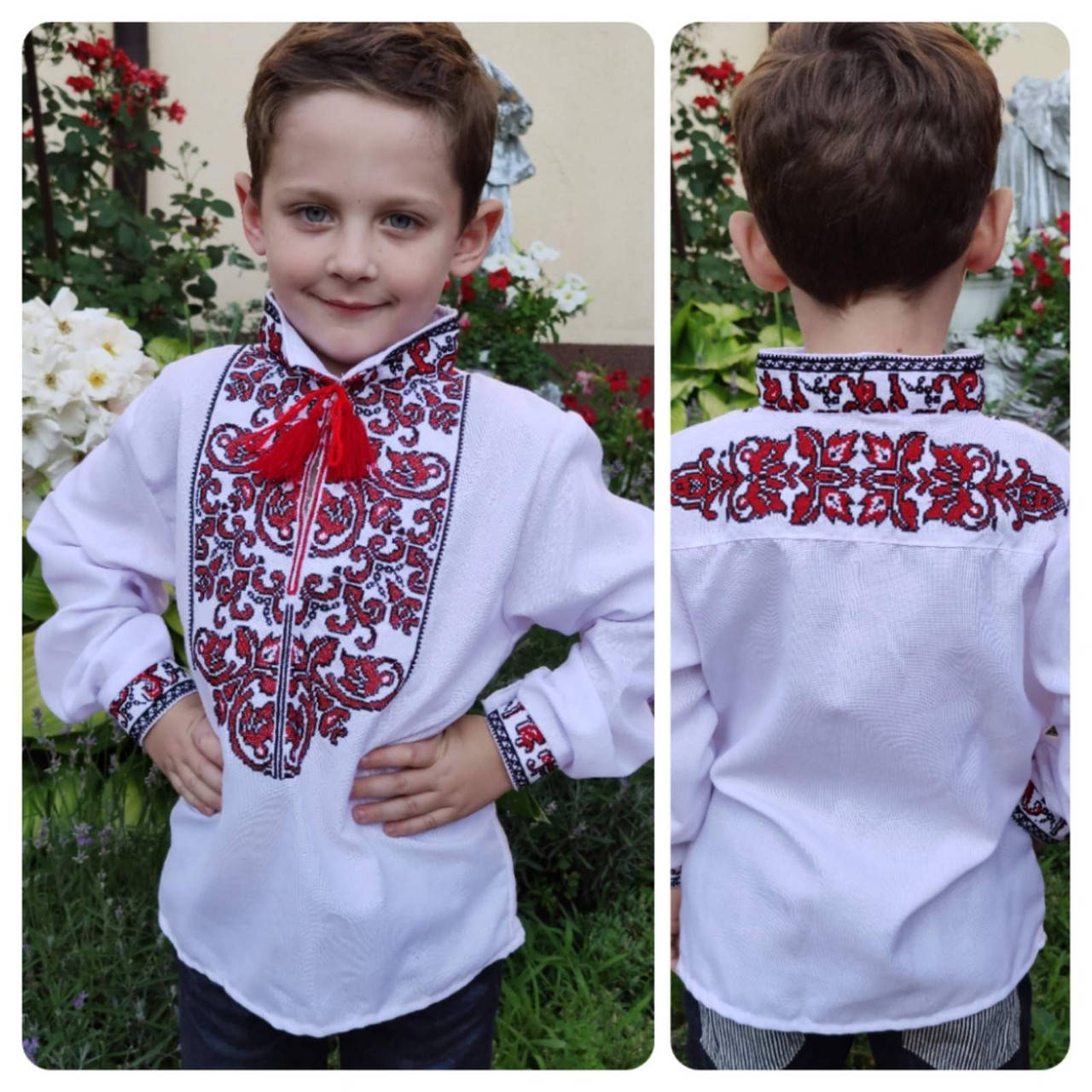 

Вышиванка для мальчика "Всеволод" с красной вышивкой, на домотканом полотне, размеры 6-12 лет