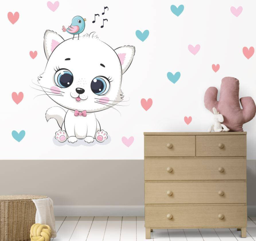 

Интерьерная наклейка "Котик с птичкой" 94х116 см + набор сердечек на стену в детскую комнату (глянец)