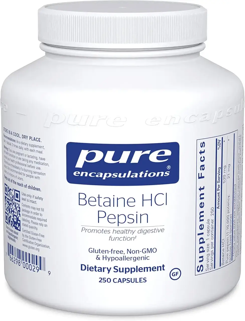 

Бетаина гидрохлорид+пепсин, Betaine HCL Pepsin, Pure Encapsulations, 250 капсул (PE-00029)