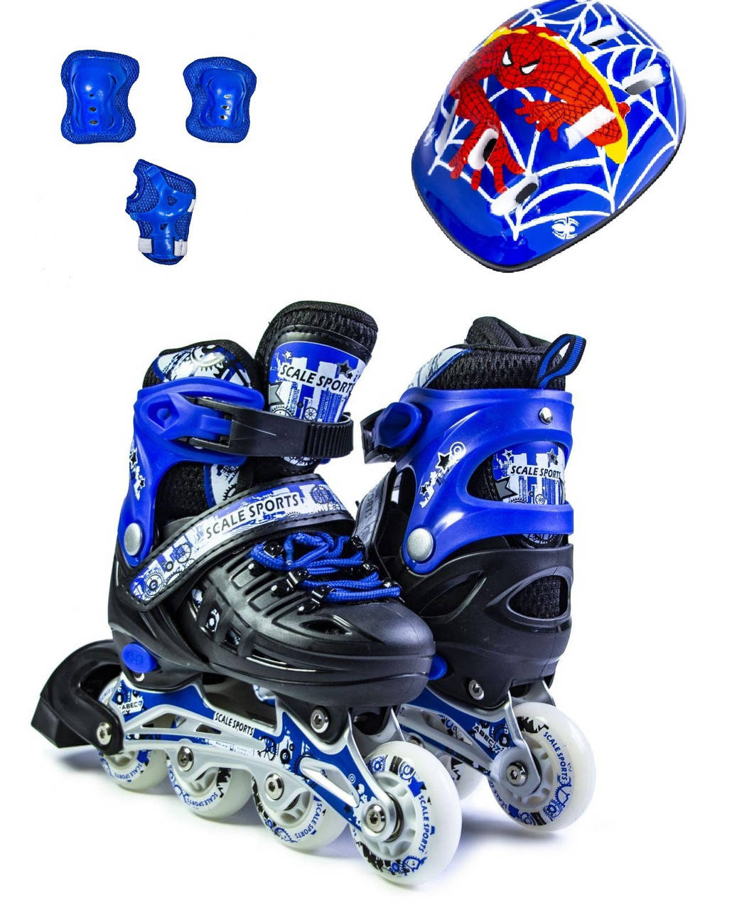 

Раздвижные ролики + защита + шлем Scale Sport. Черно-синие. Размеры 29-33, 34-38, Синий