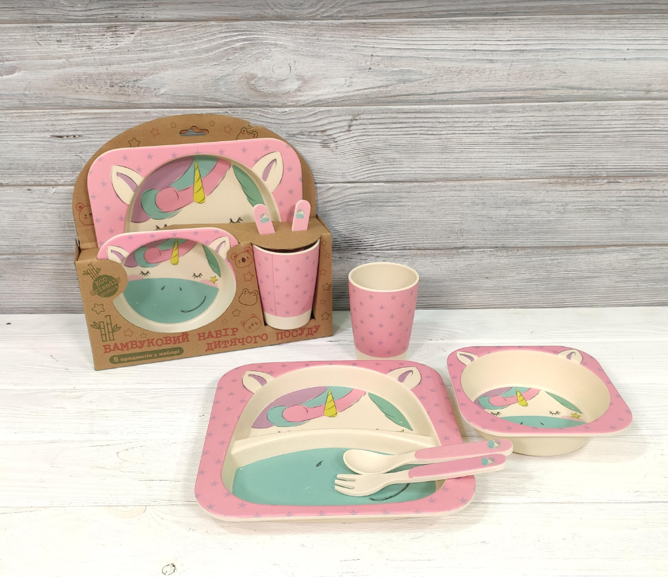 

Посуда детская бамбук "Единорог" 5пр/наб (2тарелки, вилка, ложка, чашка) MH-2770-38 / Детская бамбуковая
