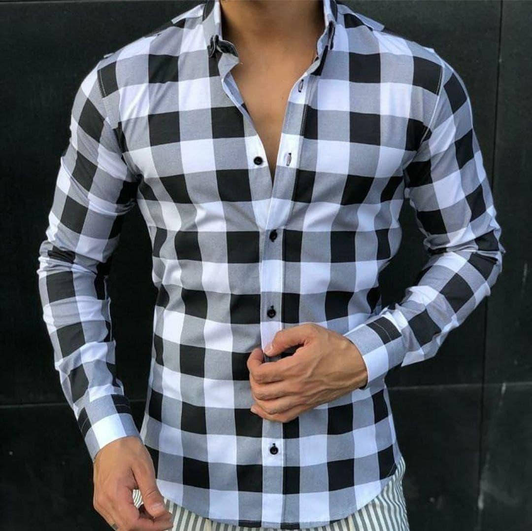 

Рубашка мужская в черно-белую клетку стрейч- коттон пр-во Турция О Д