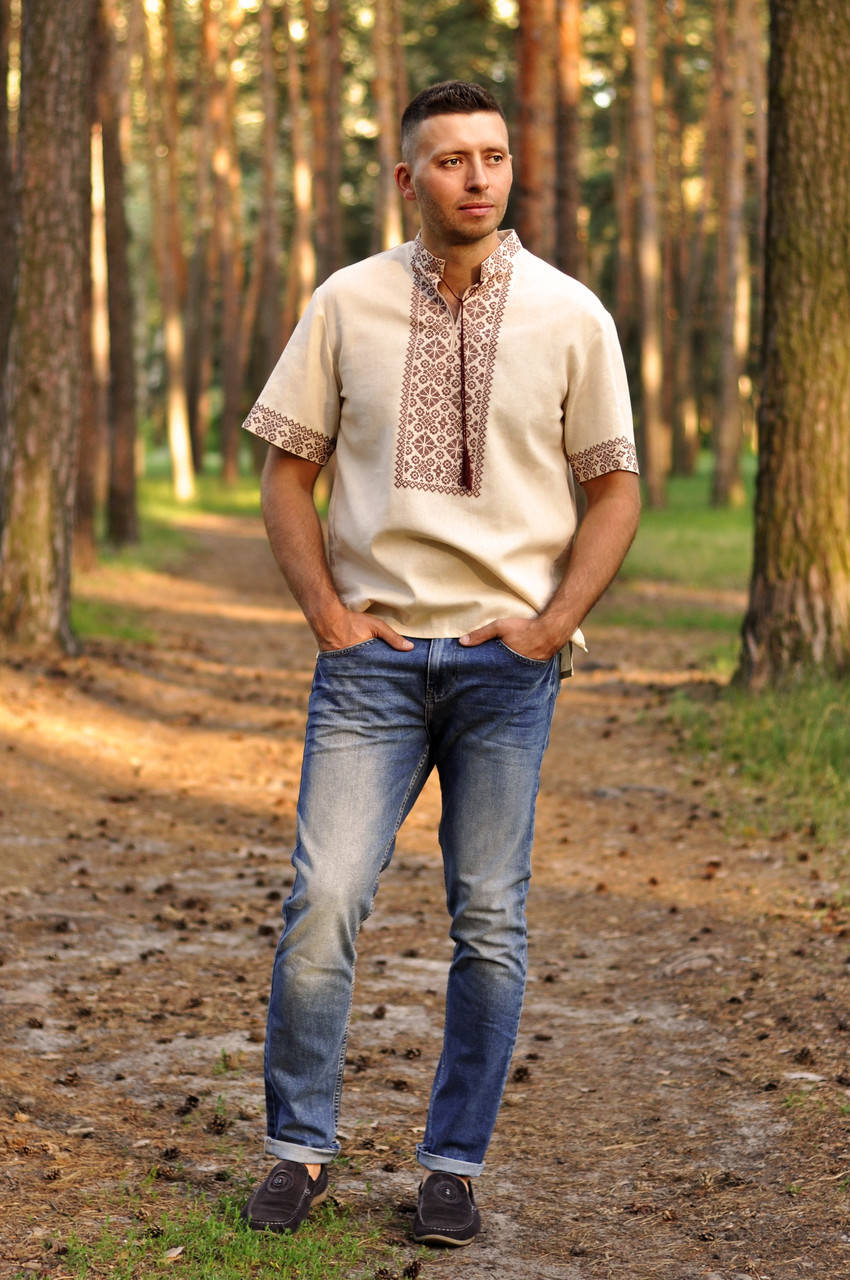 

Летняя мужская вышиванка с коротким рукавом бежевая, Бежевый