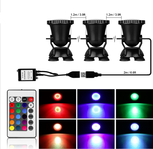 

Подводный мультицветной с пультом ДУ 3 прожектора по 36 LED RGB
