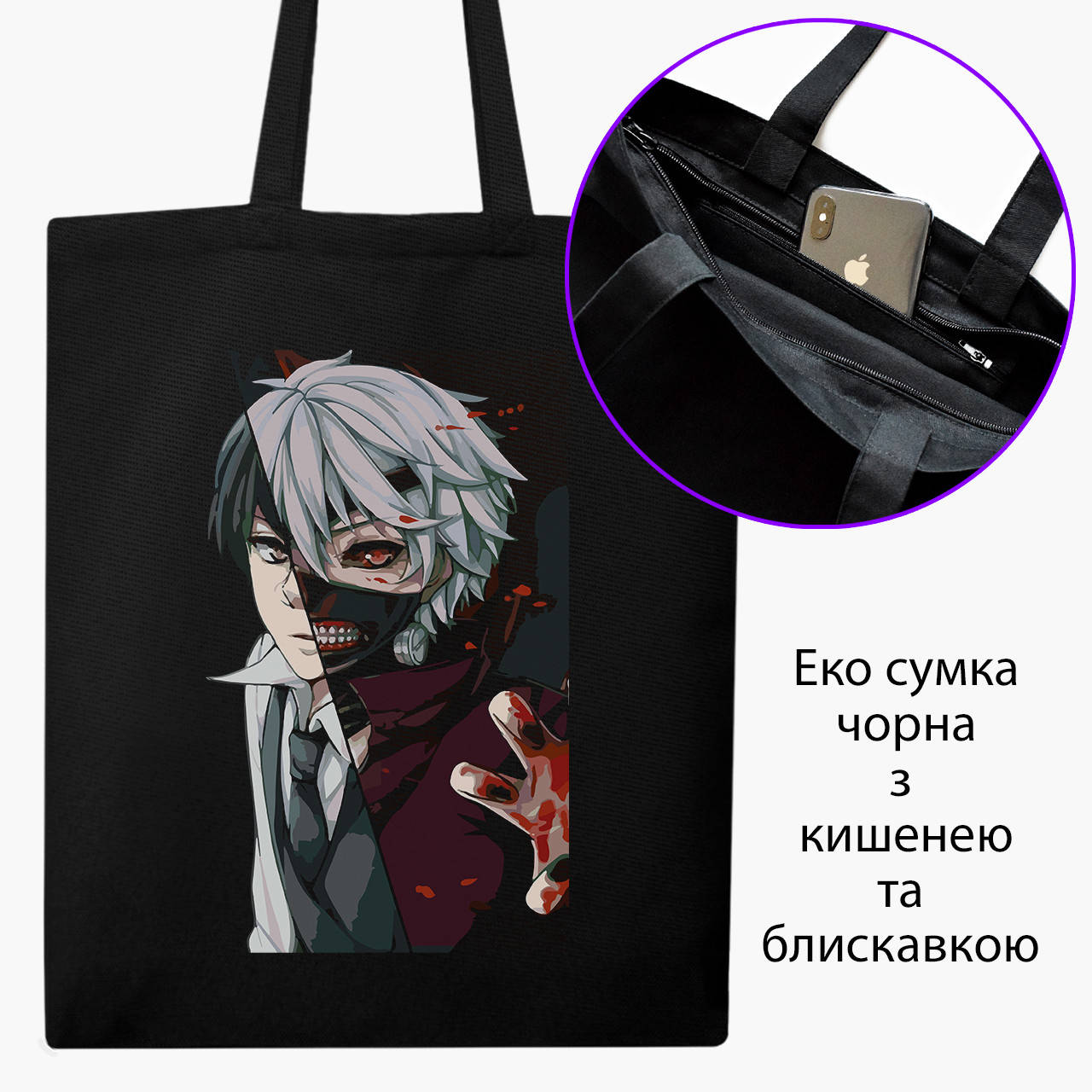 

Эко сумка Токийский гуль Кэн Канэки (Tokyo Ghoul) (9227-3530-BKZ) черная на молнии с карманом, Черный