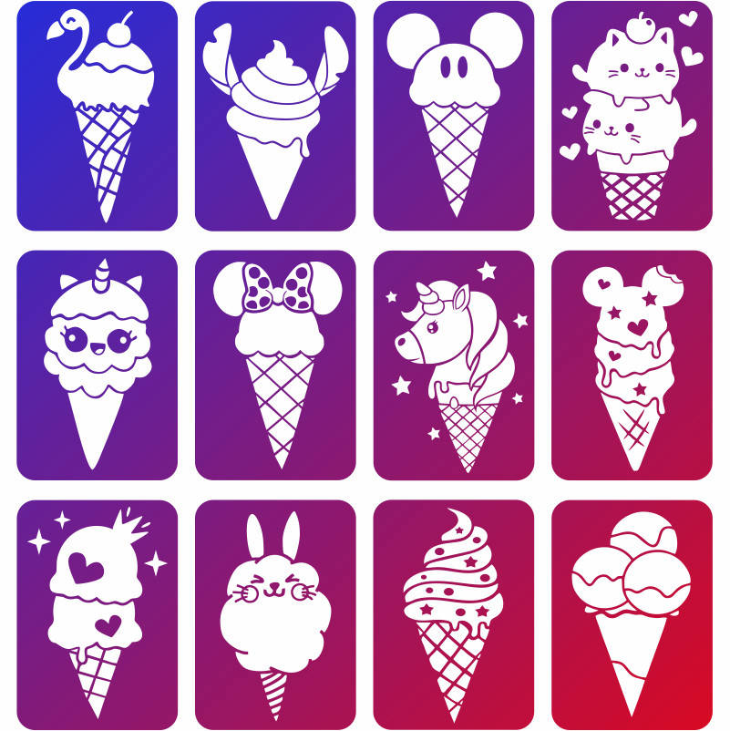 

Трафареты Ice Cream для блеск тату, био тату хной, временные тату, 7х10 см, 12 шт.