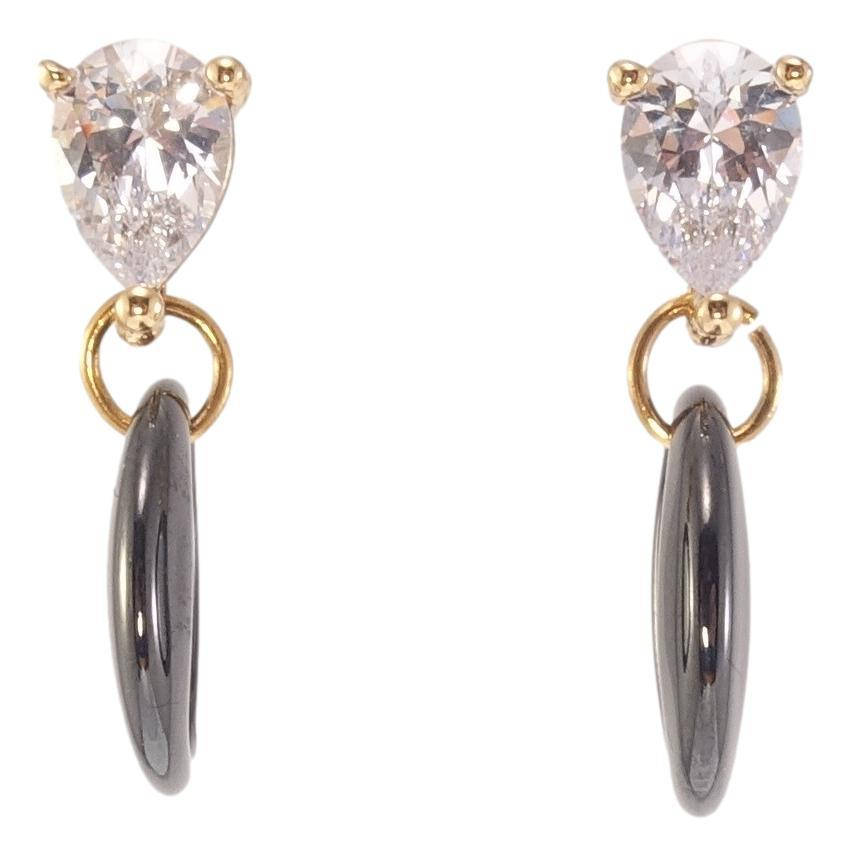 

Серьги Xuping Позолота 18K подвески на гвоздиках "Кристальные капли с черными керамическими колечками"