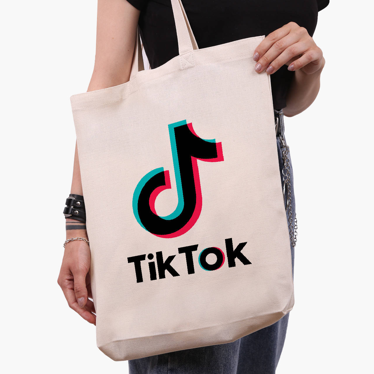 

Эко сумка ТикТок (TikTok) (9227-1389-WTD) бежевая з широким дном, Бежевый
