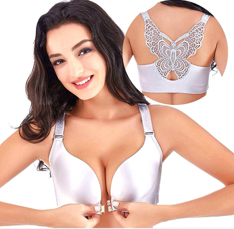 

Бюстгальтер 105 D серый с бабочкой на спине застежкой спереди бесшовный