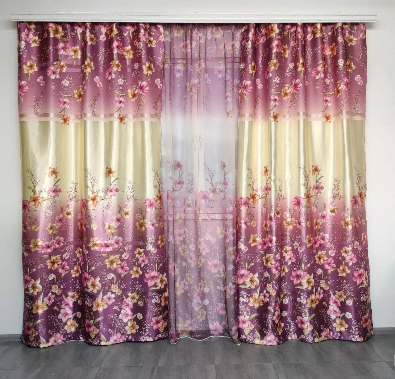 

Плотные атласные шторы в зал кухню детскую, шторы с цветами для зала кухни спальни Фиолетовые (SHT-650-2), Фиолетовый